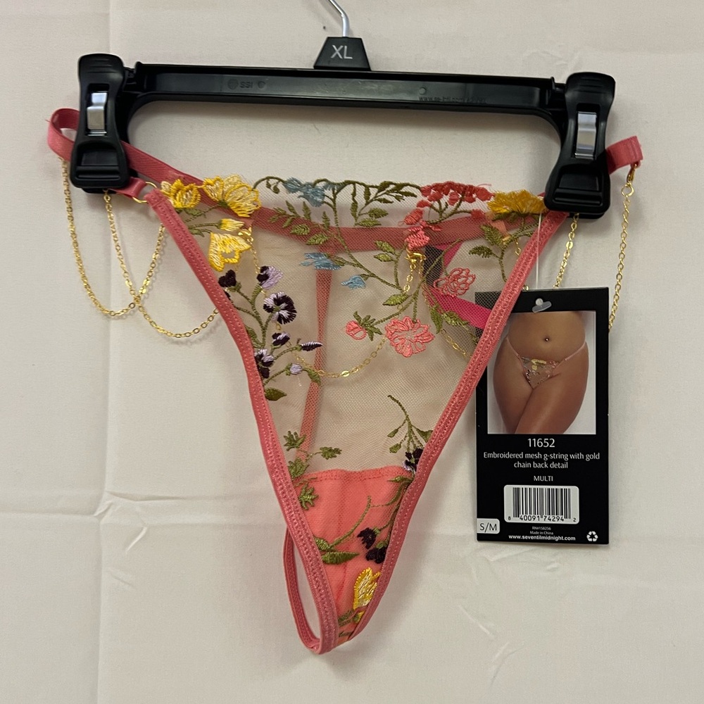 NEW Seven Til Midnight Embroidered G-String With Gold Chain Back detail